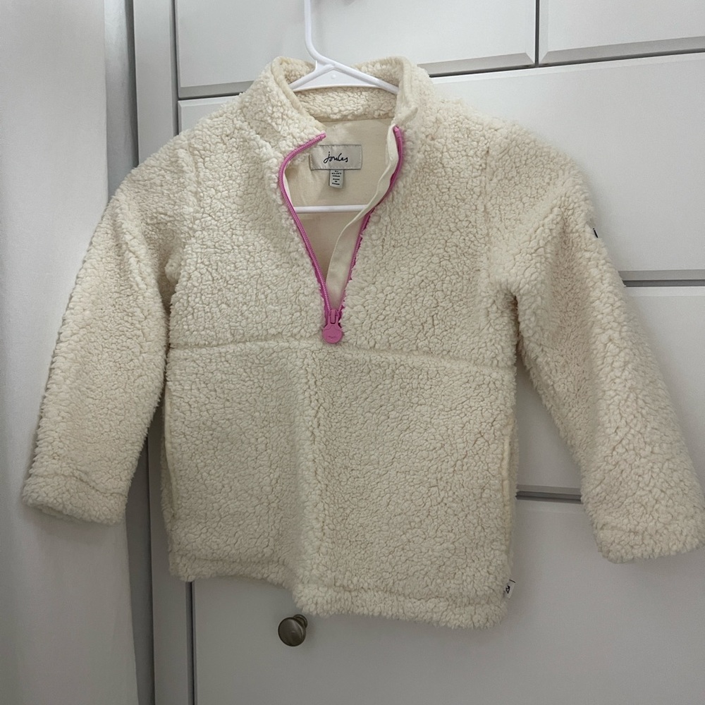 Joules Cream Sherpa Kids Pullover with Pink Zipper